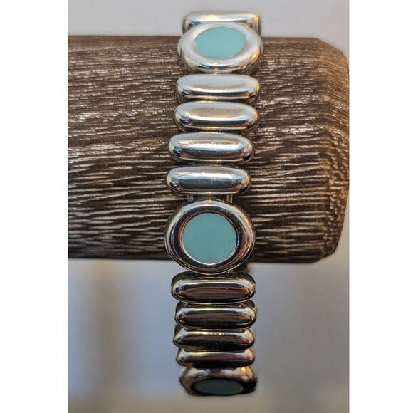 Silver Tone Long Bead Stretch Round Turquoise Enamel Bead Bracelet - Picture 1 of 4